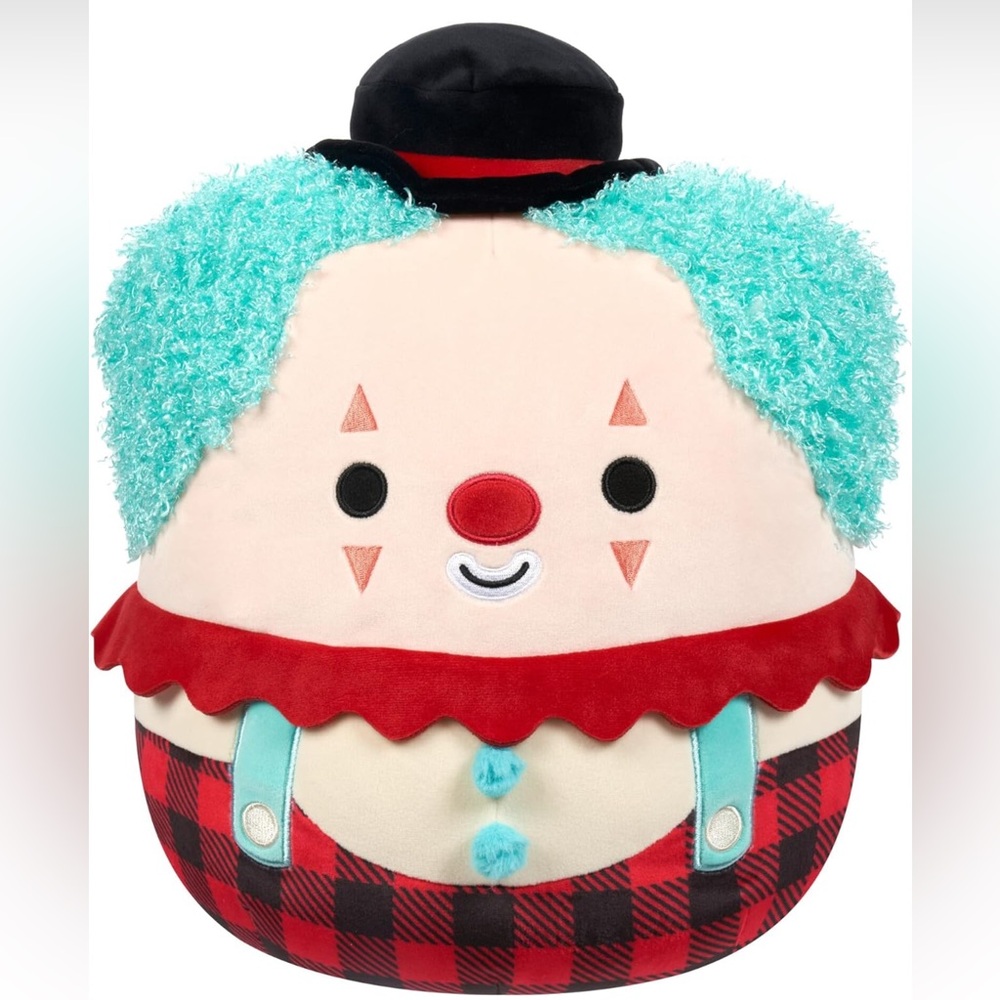NWT- Squishmallows Original 12-Inch Ukee Clown with Teal Hair and Black Bowler.